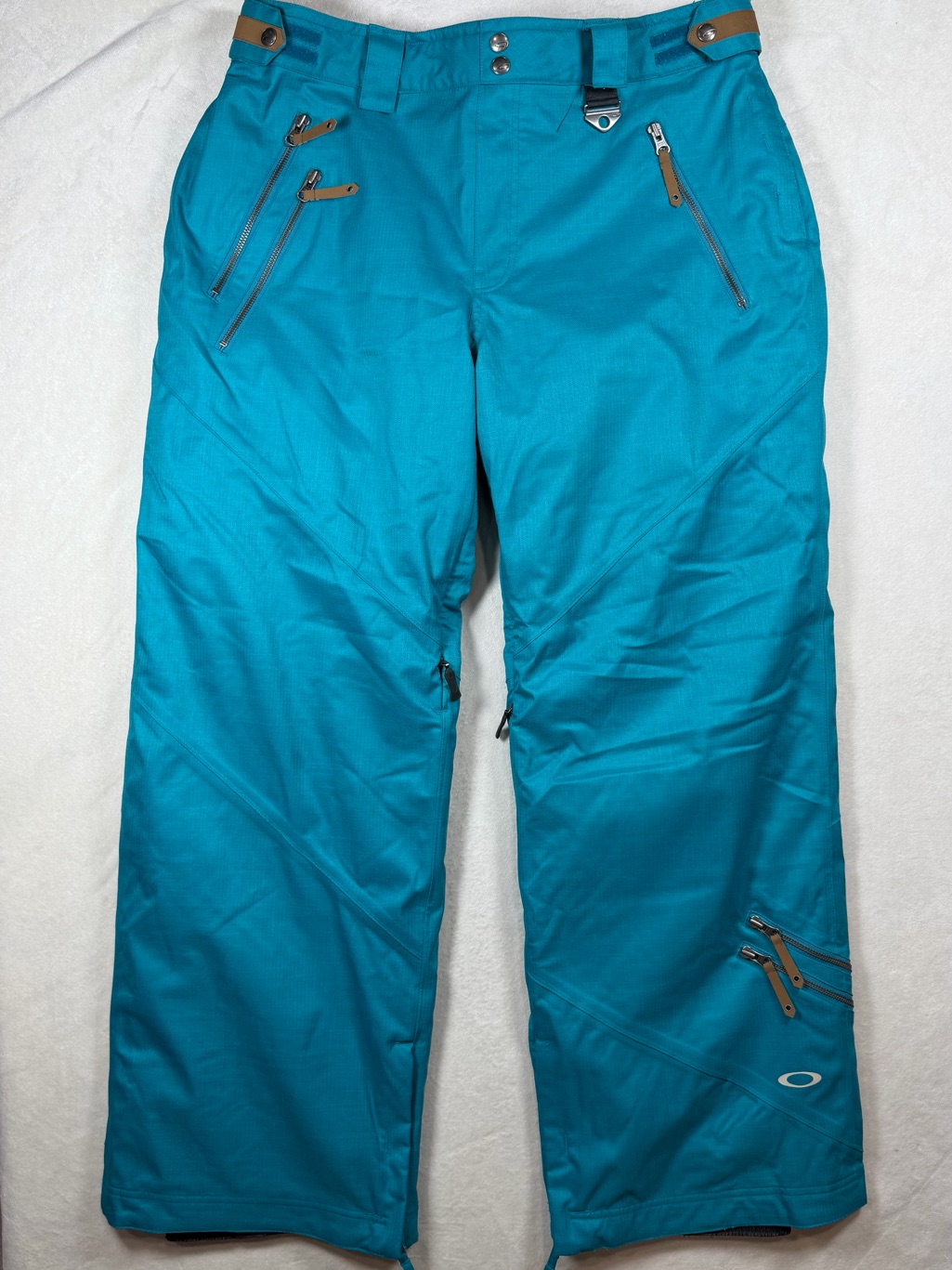 Oakley Size Large Loose Fit Bonfire Teal Blue Herringbone Leather Snow Ski Pants